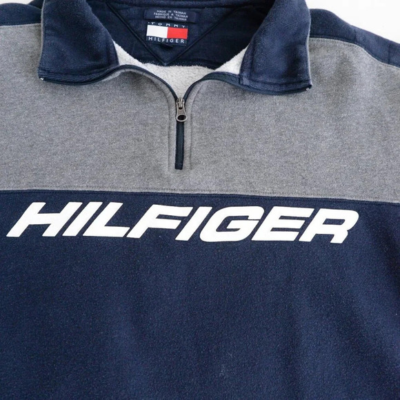 Vintage 90's Tommy Hilfiger Gray And Navy Half Zip Pull Over Sweater Size Large - Picture 9 of 10